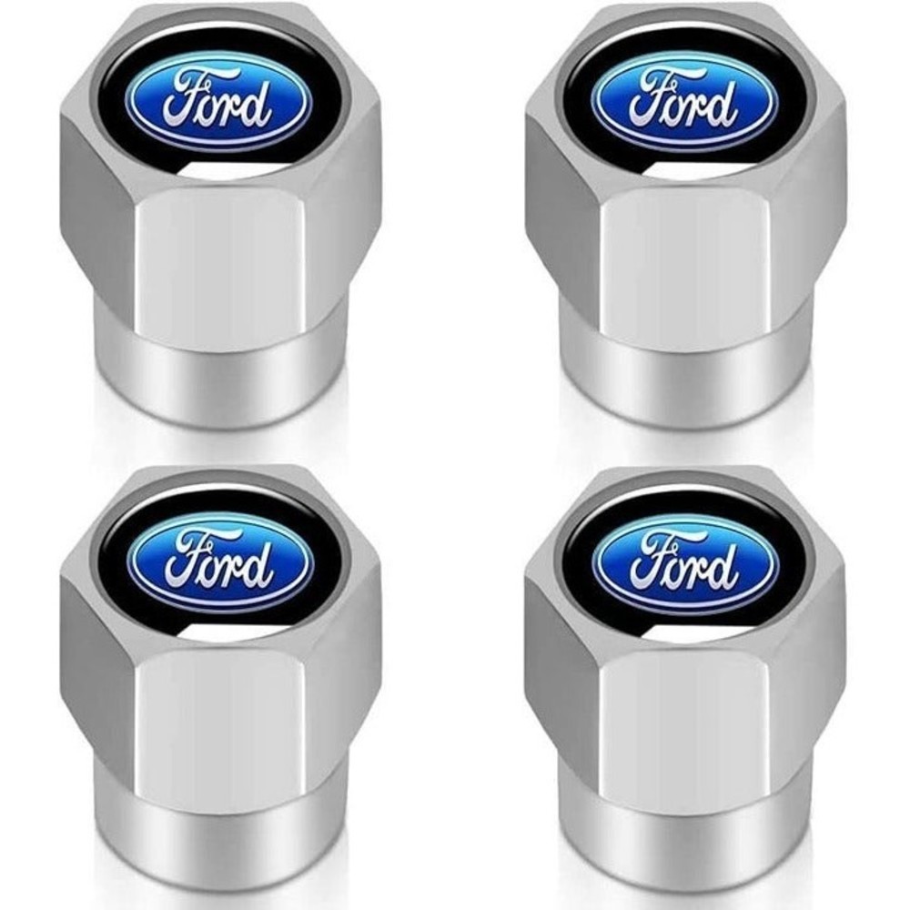 Ford Blue Oval Valve Stem Caps 4 Pcs Silver Hex NIP - Picture 2 of 4